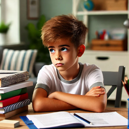 A young boy sitting at a desk with a frustrated expression, looking away from his homework, illustrating homework refusal.