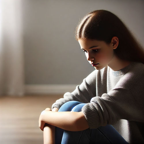 A teenage girl sitting alone, looking down with a sad expression, illustrating low self-esteem in teenagers.