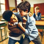 Two boys involved in a physical fight in a school setting, with one boy grabbing the other's shirt aggressively, illustrating the issue of physical altercations among school-going kids.